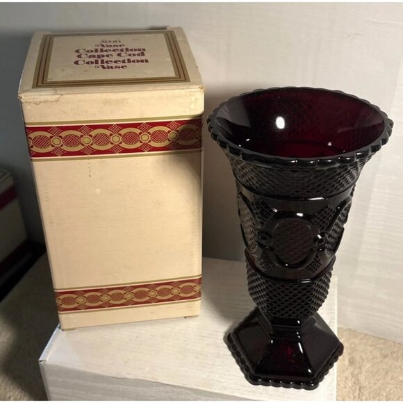 Avon 1876 Cape Cod Collection Ruby Red Vase With Original Box 8" Footed - Picture 1 of 8